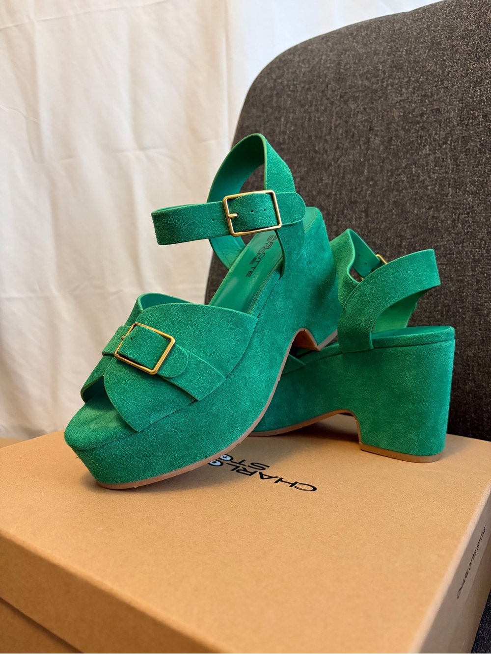 Charlotte Stone Emerald Green Suede Platform Sandals with Buckle